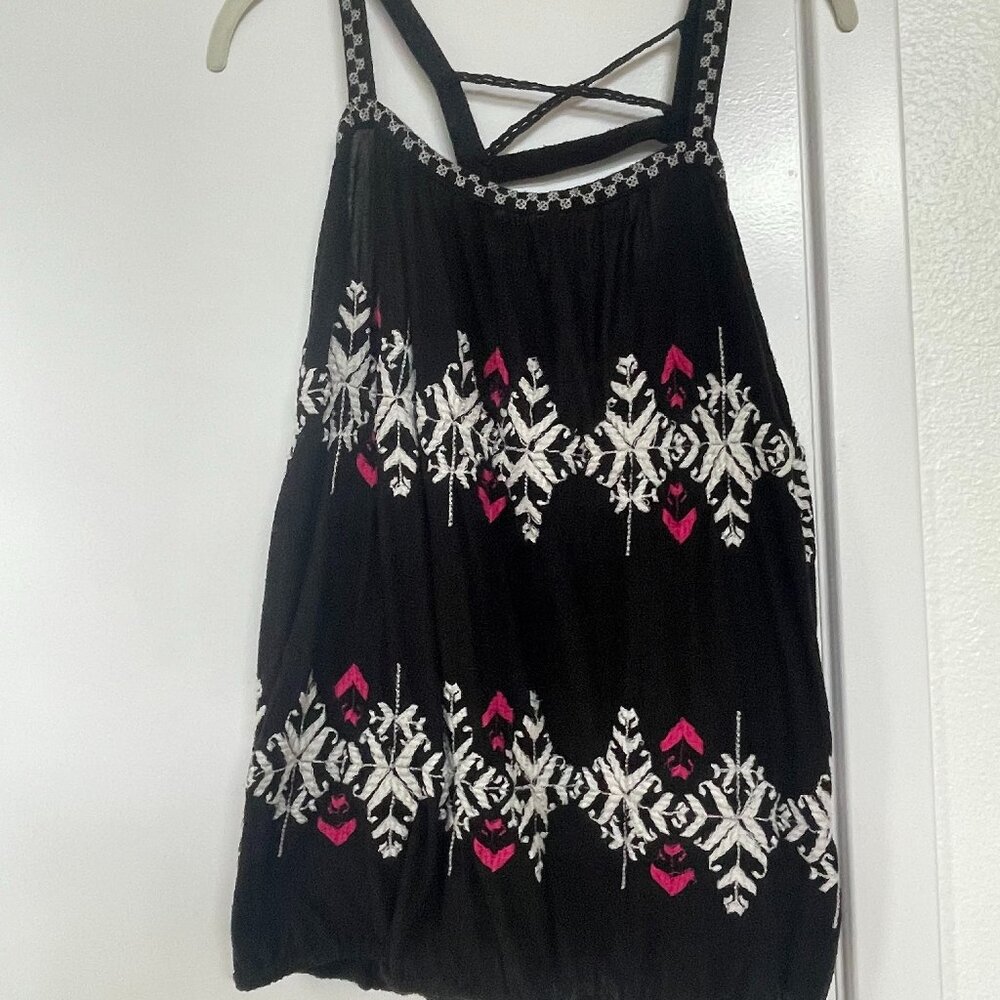 Free People Boho Top, Criss Cross Back, Sleeveless, Black, Embroidered, Small
